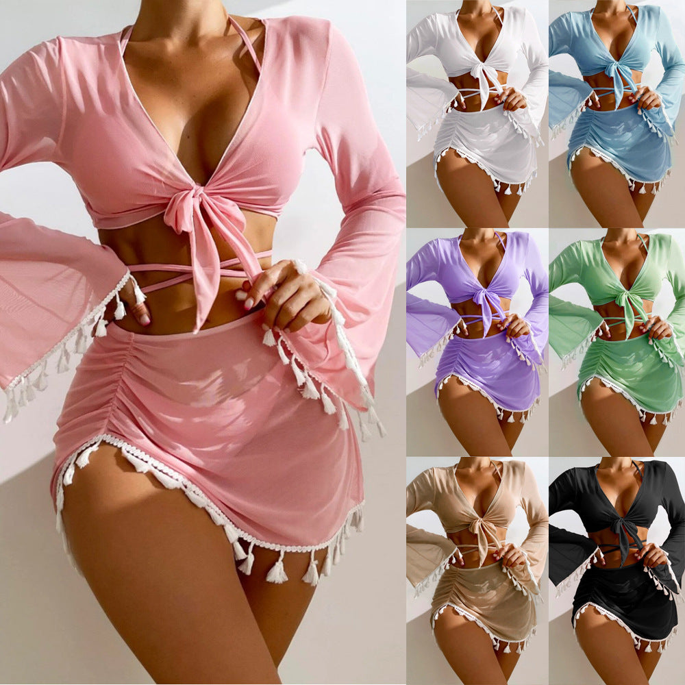 Bikini With Short Skirt And Long Sleeve Cover-up