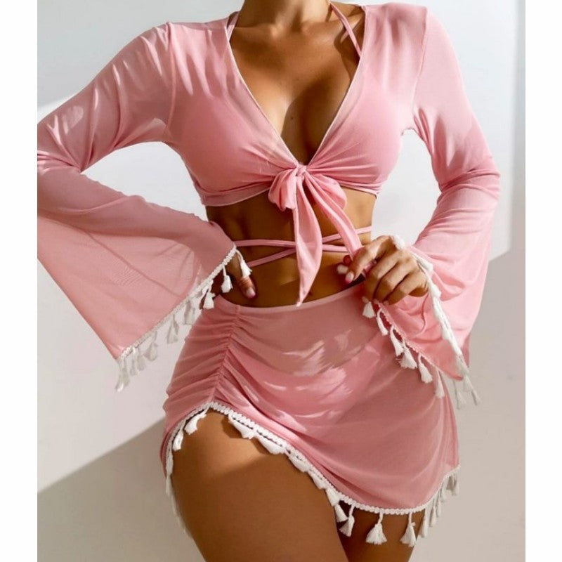 Bikini With Short Skirt And Long Sleeve Cover-up