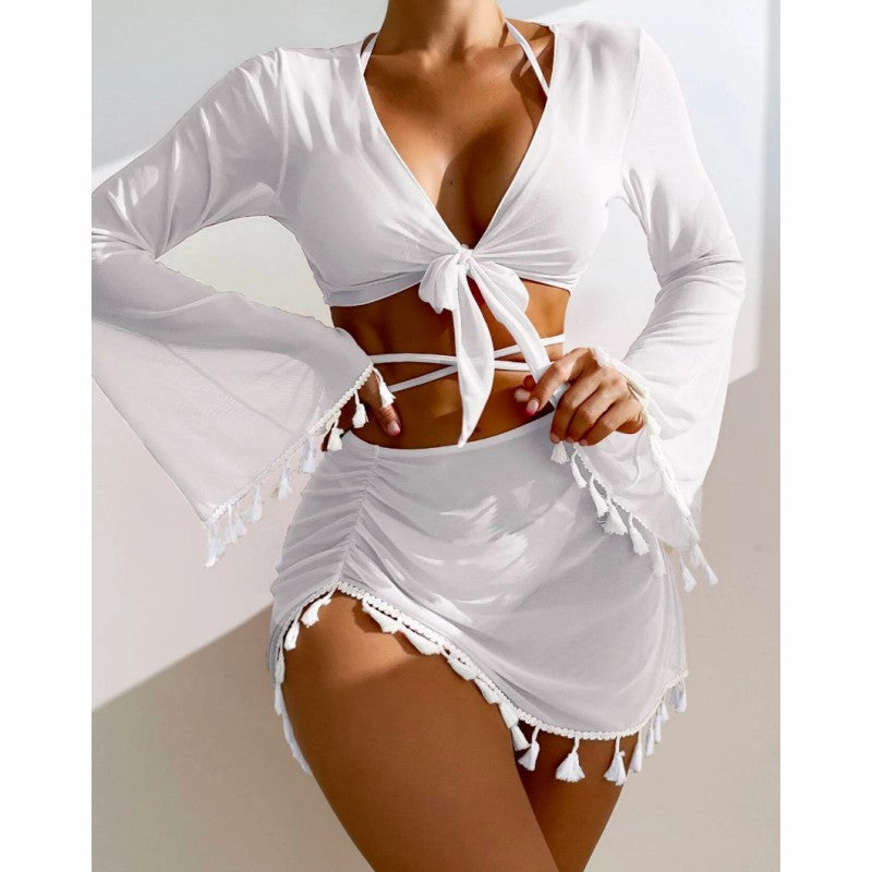 Bikini With Short Skirt And Long Sleeve Cover-up
