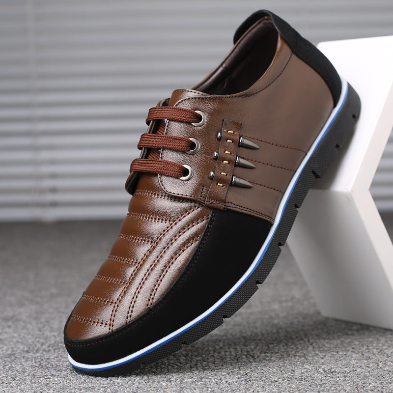 Men's Leather Shoes Korean Casual Leather Shoes First Layer Cowhide Three-color Lace Round Head Hollow Dress Youth Shoes - AFFORDABLE MARKET
