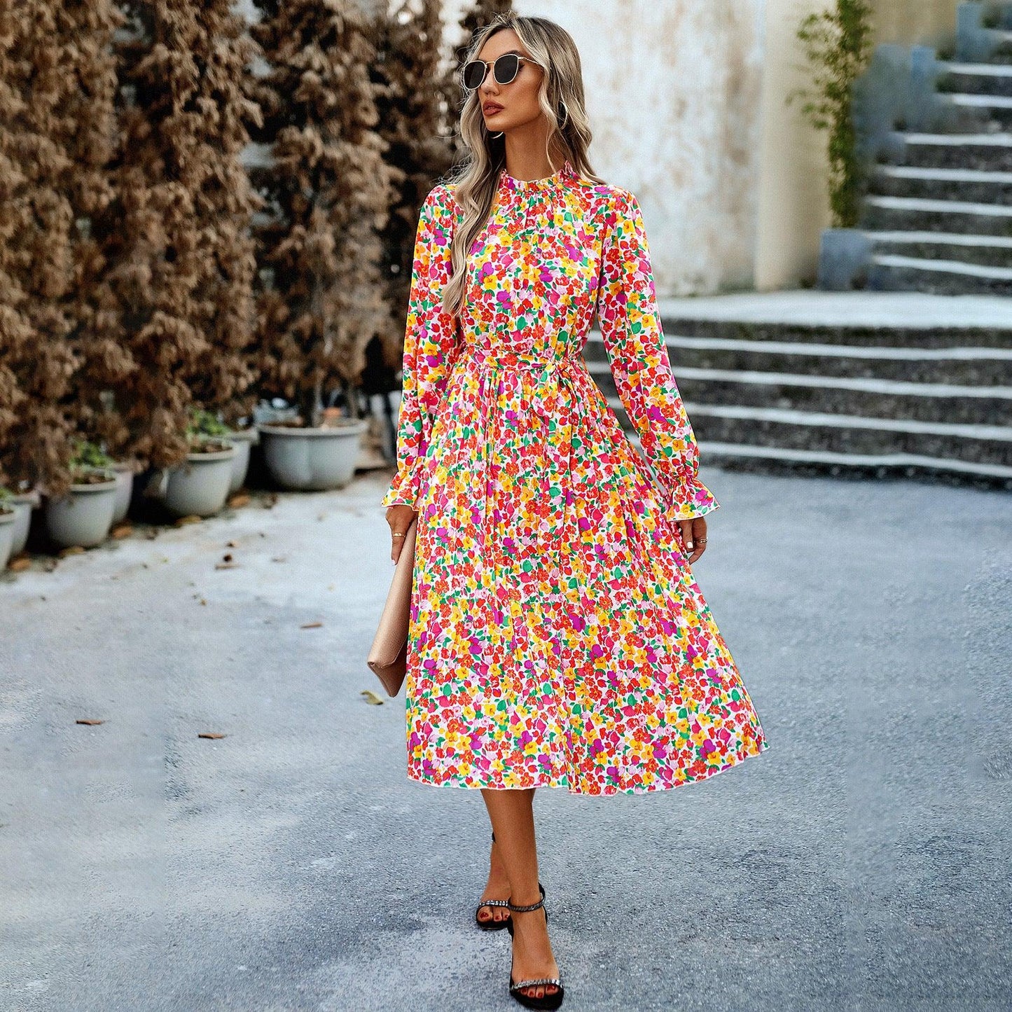 Women's Fashionable Round Neck Printed Dress - AFFORDABLE MARKET