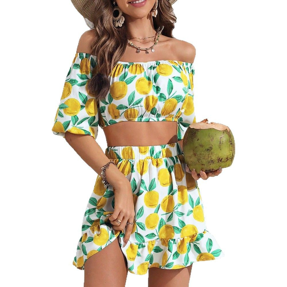 Women's Lemon Printing Top and Hem Skirt