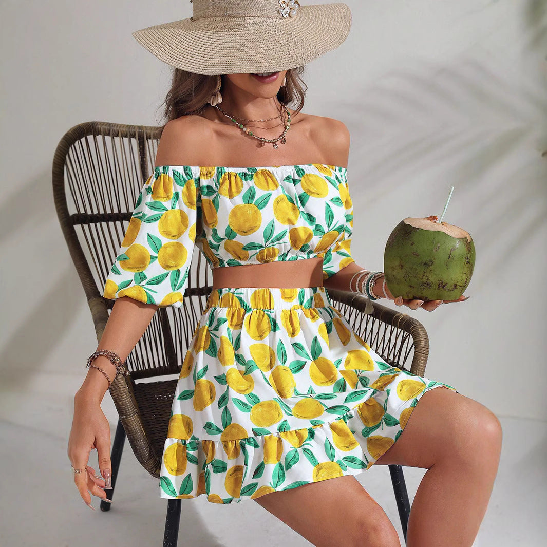 Women's Lemon Printing Top and Hem Skirt