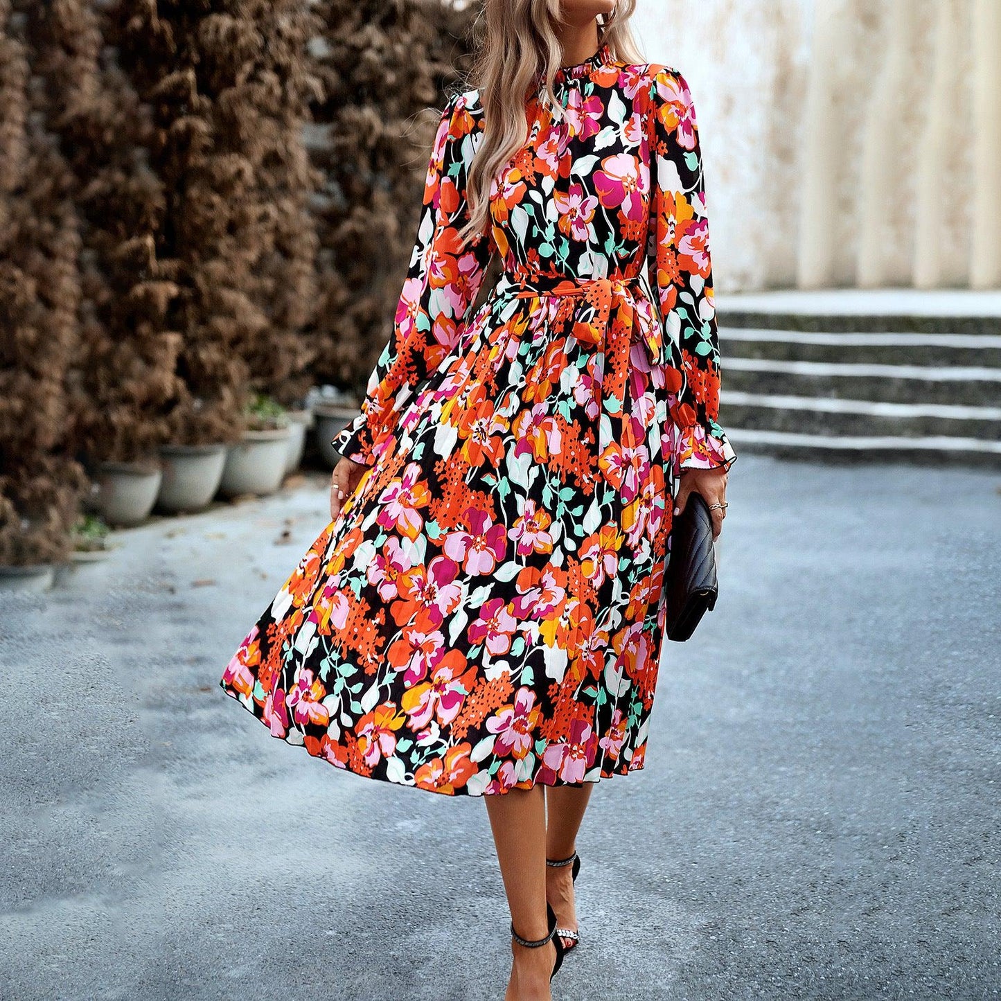 Women's Fashionable Round Neck Printed Dress - AFFORDABLE MARKET