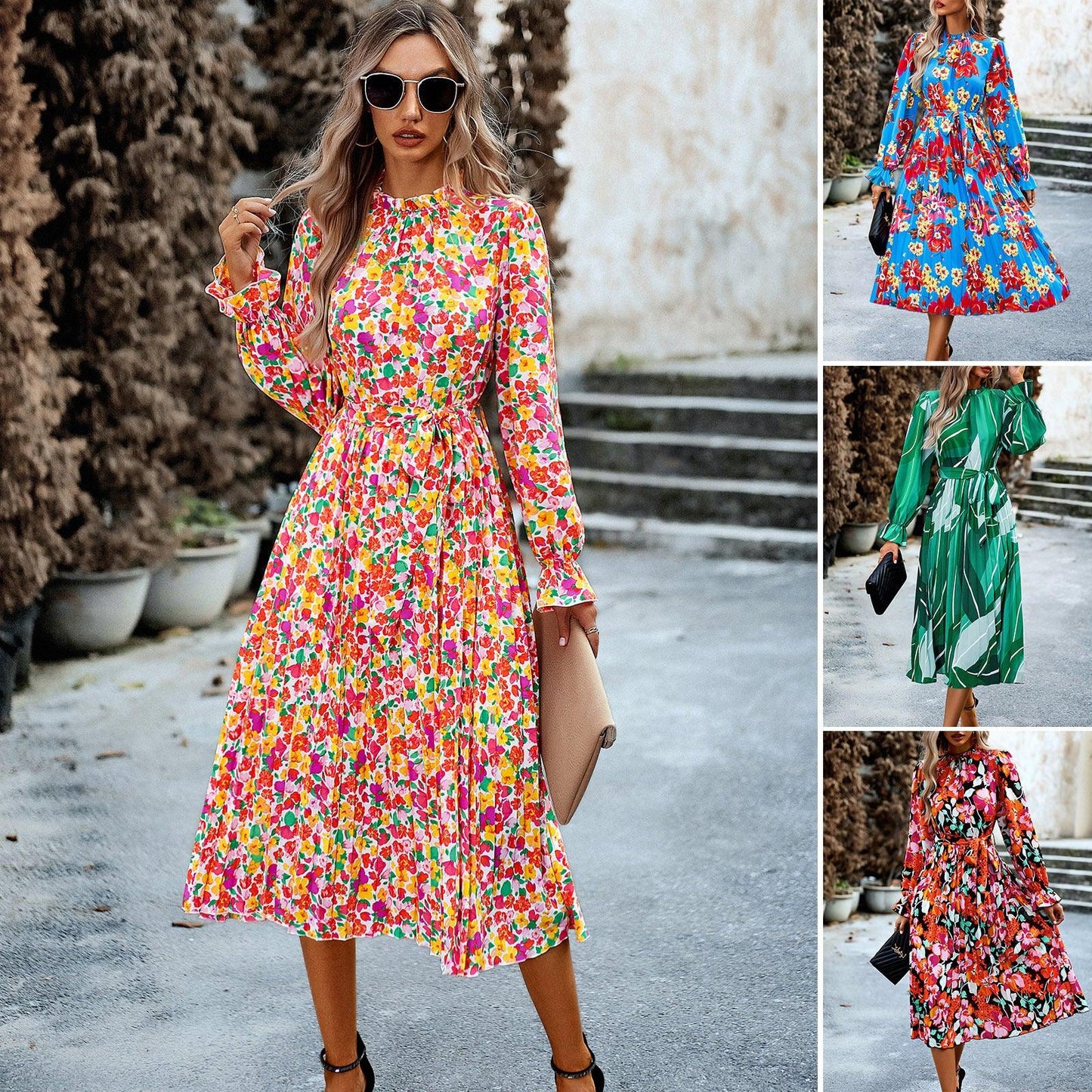 Women's Fashionable Round Neck Printed Dress - AFFORDABLE MARKET