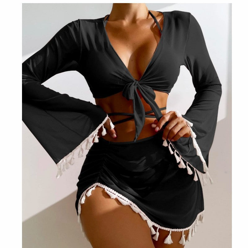 Bikini With Short Skirt And Long Sleeve Cover-up
