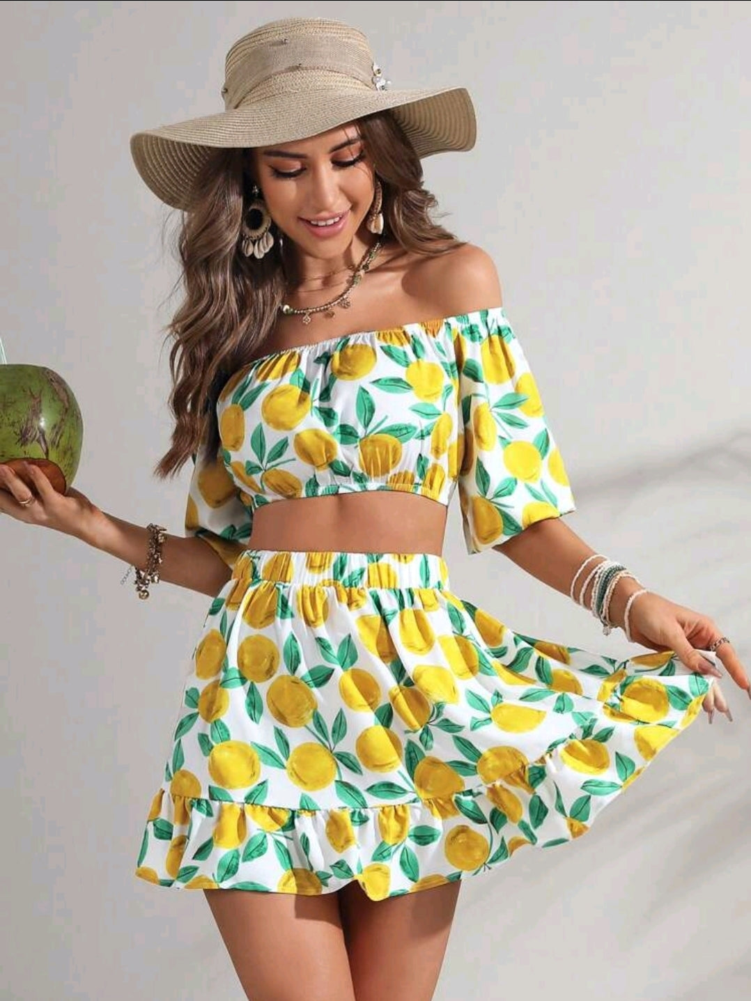 Women's Lemon Printing Top and Hem Skirt