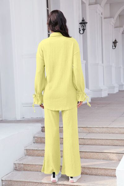 Drawstring Flounce Sleeve Shirt and Pants Set - AFFORDABLE MARKET
