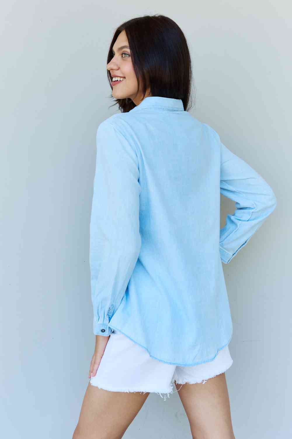 Doublju Blue Jean Baby Denim Button Down Shirt Top in Light Blue - AFFORDABLE MARKET