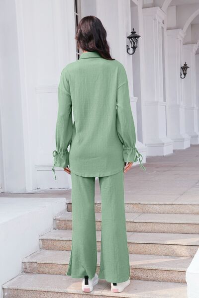 Drawstring Flounce Sleeve Shirt and Pants Set - AFFORDABLE MARKET