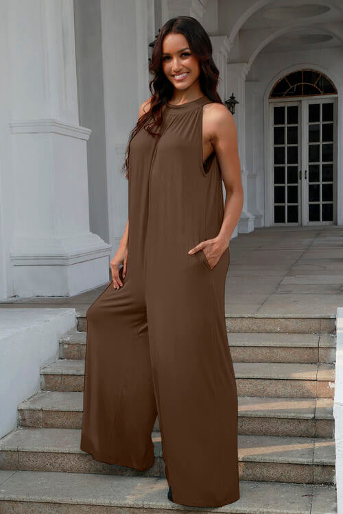 Double Take Full Size Tie Back Cutout Sleeveless Jumpsuit - AFFORDABLE MARKET