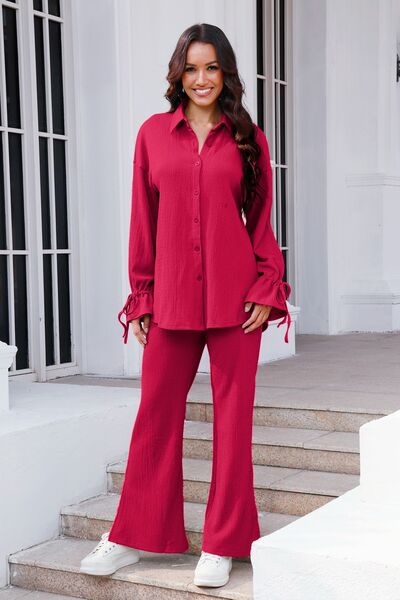 Drawstring Flounce Sleeve Shirt and Pants Set - AFFORDABLE MARKET