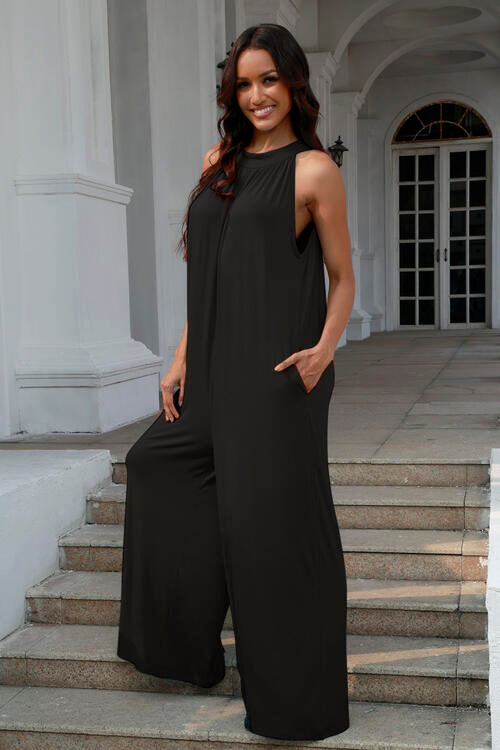 Double Take Full Size Tie Back Cutout Sleeveless Jumpsuit - AFFORDABLE MARKET