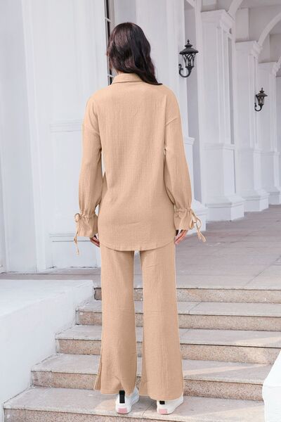 Drawstring Flounce Sleeve Shirt and Pants Set - AFFORDABLE MARKET