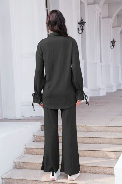 Drawstring Flounce Sleeve Shirt and Pants Set - AFFORDABLE MARKET