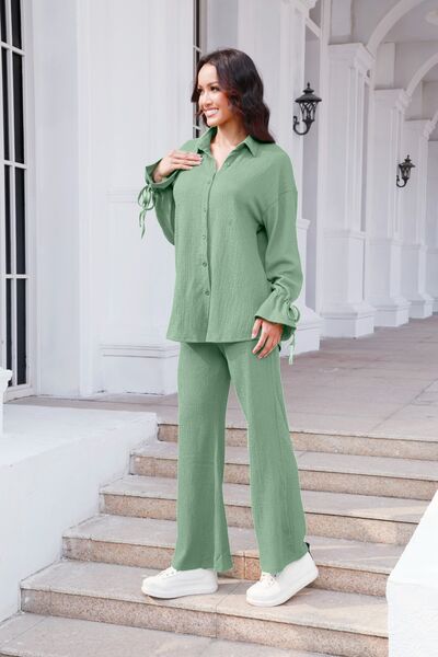 Drawstring Flounce Sleeve Shirt and Pants Set - AFFORDABLE MARKET