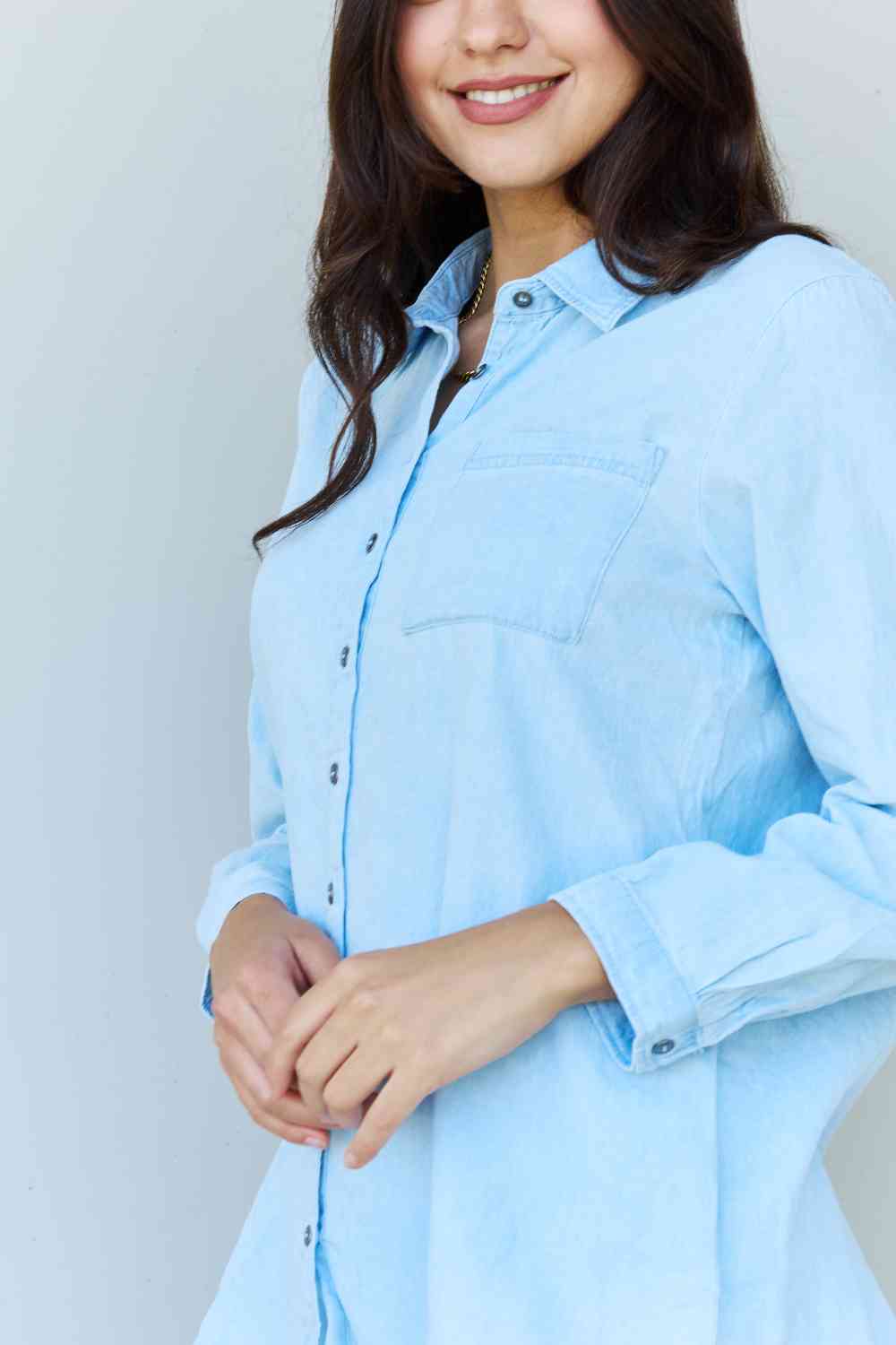Doublju Blue Jean Baby Denim Button Down Shirt Top in Light Blue - AFFORDABLE MARKET