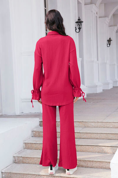 Drawstring Flounce Sleeve Shirt and Pants Set - AFFORDABLE MARKET