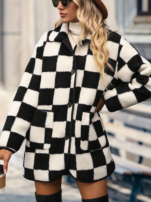 Double Take Full Size Checkered Button Front Coat with Pockets - AFFORDABLE MARKET