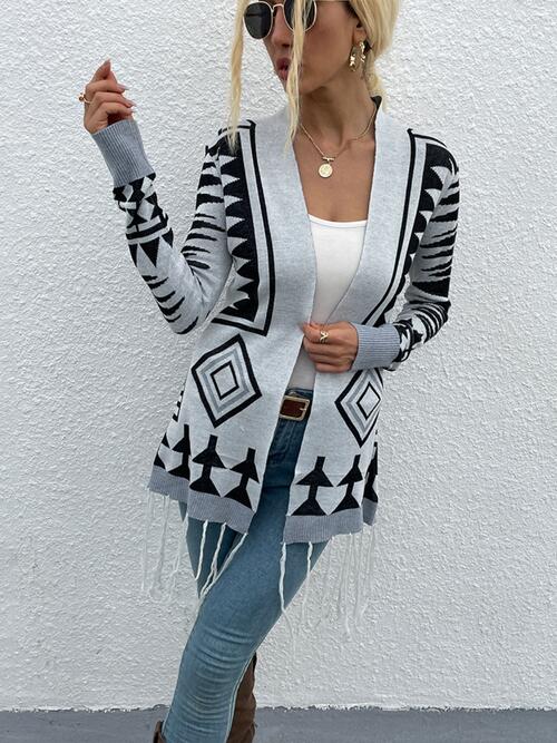 Geometric Fringe Hem Open Front Cardigan - AFFORDABLE MARKET