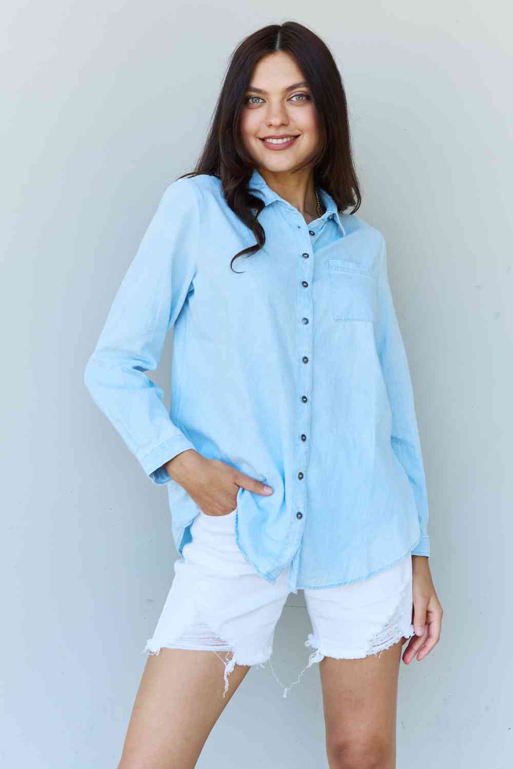 Doublju Blue Jean Baby Denim Button Down Shirt Top in Light Blue - AFFORDABLE MARKET