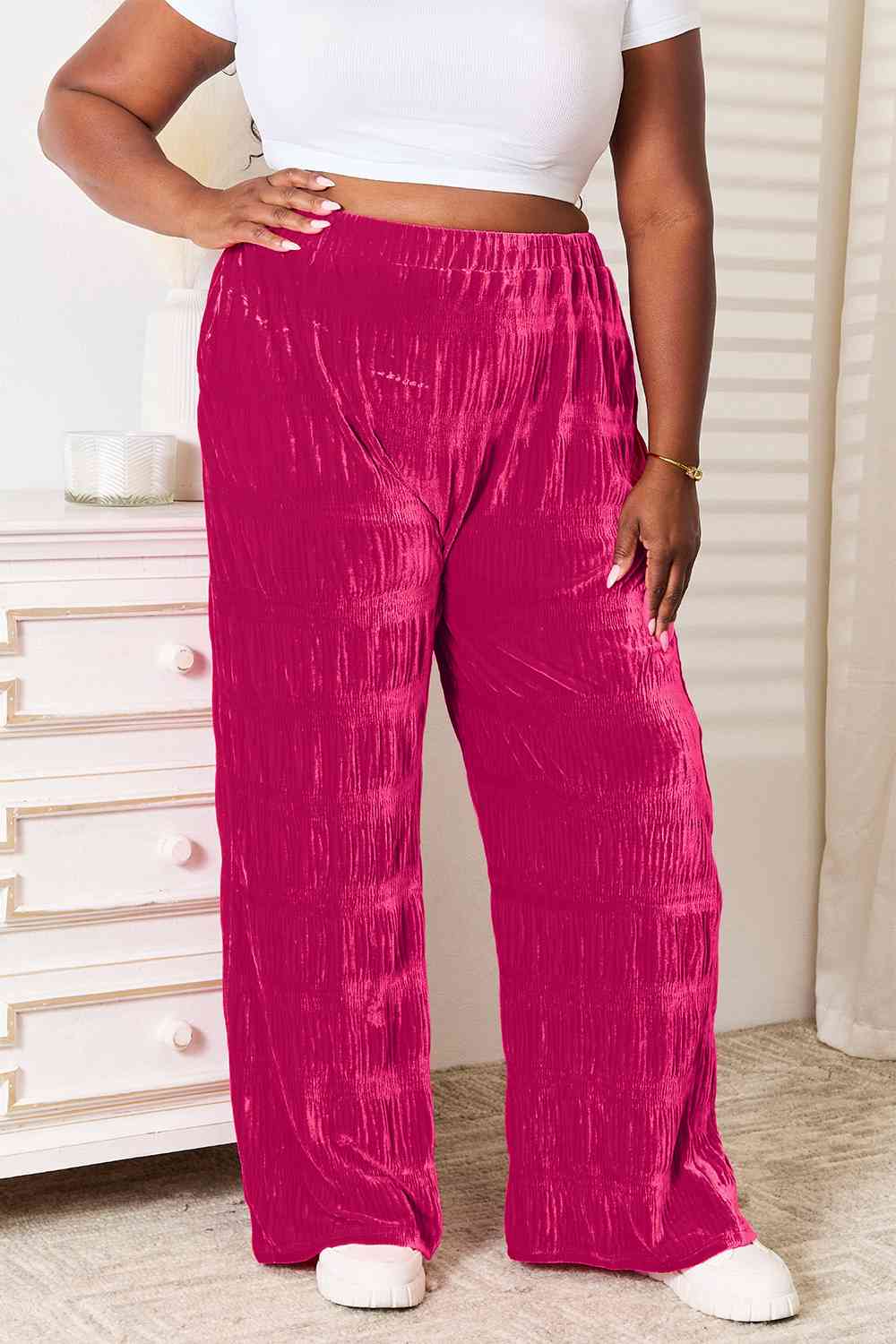 Double Take Full Size High Waist Tiered Shirring Velvet Wide Leg Pants - AFFORDABLE MARKET
