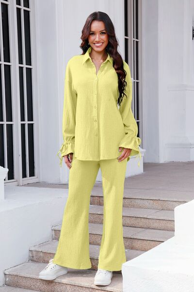 Drawstring Flounce Sleeve Shirt and Pants Set - AFFORDABLE MARKET