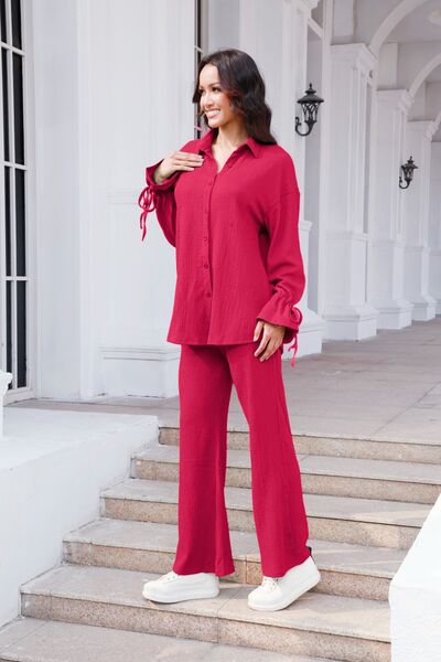 Drawstring Flounce Sleeve Shirt and Pants Set - AFFORDABLE MARKET