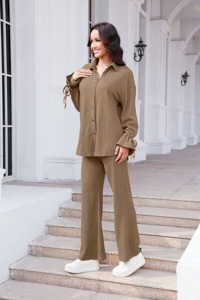 Drawstring Flounce Sleeve Shirt and Pants Set - AFFORDABLE MARKET