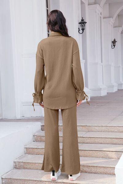 Drawstring Flounce Sleeve Shirt and Pants Set - AFFORDABLE MARKET