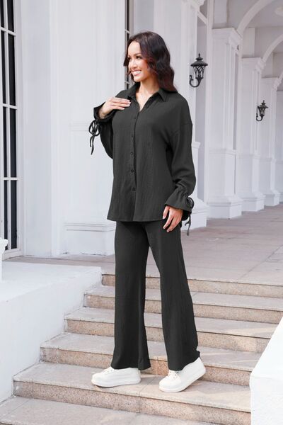 Drawstring Flounce Sleeve Shirt and Pants Set - AFFORDABLE MARKET