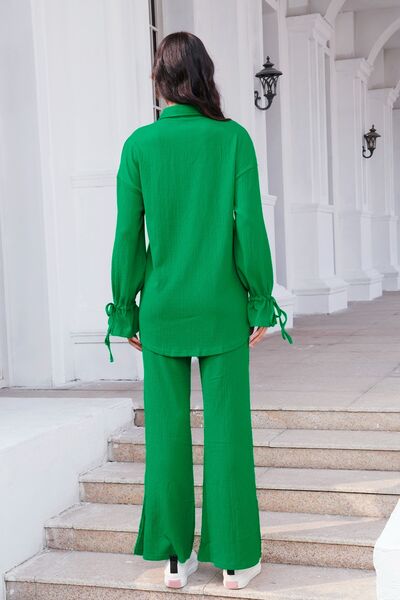 Drawstring Flounce Sleeve Shirt and Pants Set - AFFORDABLE MARKET