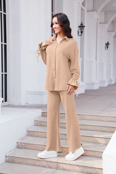 Drawstring Flounce Sleeve Shirt and Pants Set - AFFORDABLE MARKET