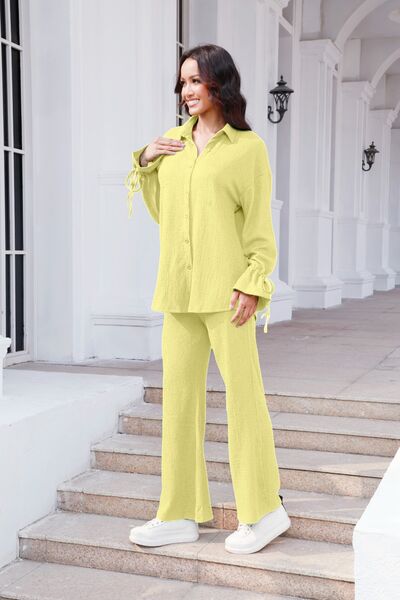 Drawstring Flounce Sleeve Shirt and Pants Set - AFFORDABLE MARKET