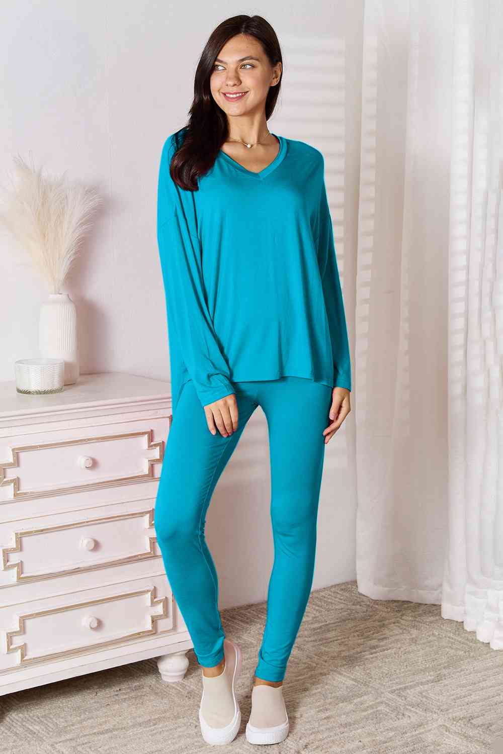Basic Bae Full Size V-Neck Soft Rayon Long Sleeve Top and Pants Lounge Set - AFFORDABLE MARKET