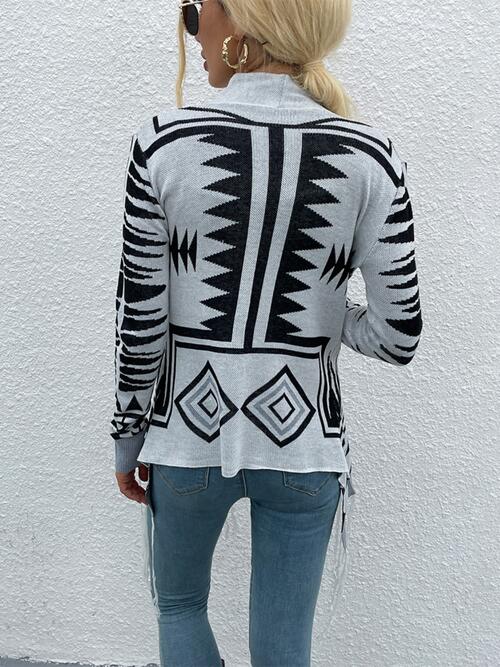 Geometric Fringe Hem Open Front Cardigan - AFFORDABLE MARKET