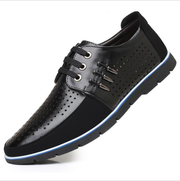 Men's Leather Shoes Korean Casual Leather Shoes First Layer Cowhide Three-color Lace Round Head Hollow Dress Youth Shoes - AFFORDABLE MARKET