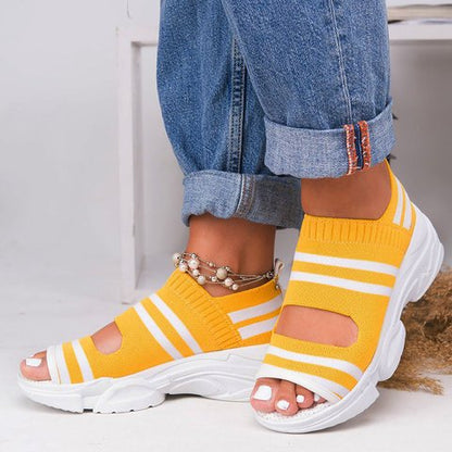 Flying Woven Sandals Women's New Summer Flat-Bottomed Style Comfortable Elastic Thick-Soled Sports Fish Mouth Shoes Large Size Factory - AFFORDABLE MARKET