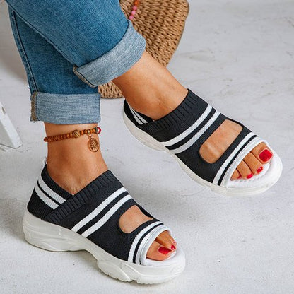 Flying Woven Sandals Women's New Summer Flat-Bottomed Style Comfortable Elastic Thick-Soled Sports Fish Mouth Shoes Large Size Factory - AFFORDABLE MARKET