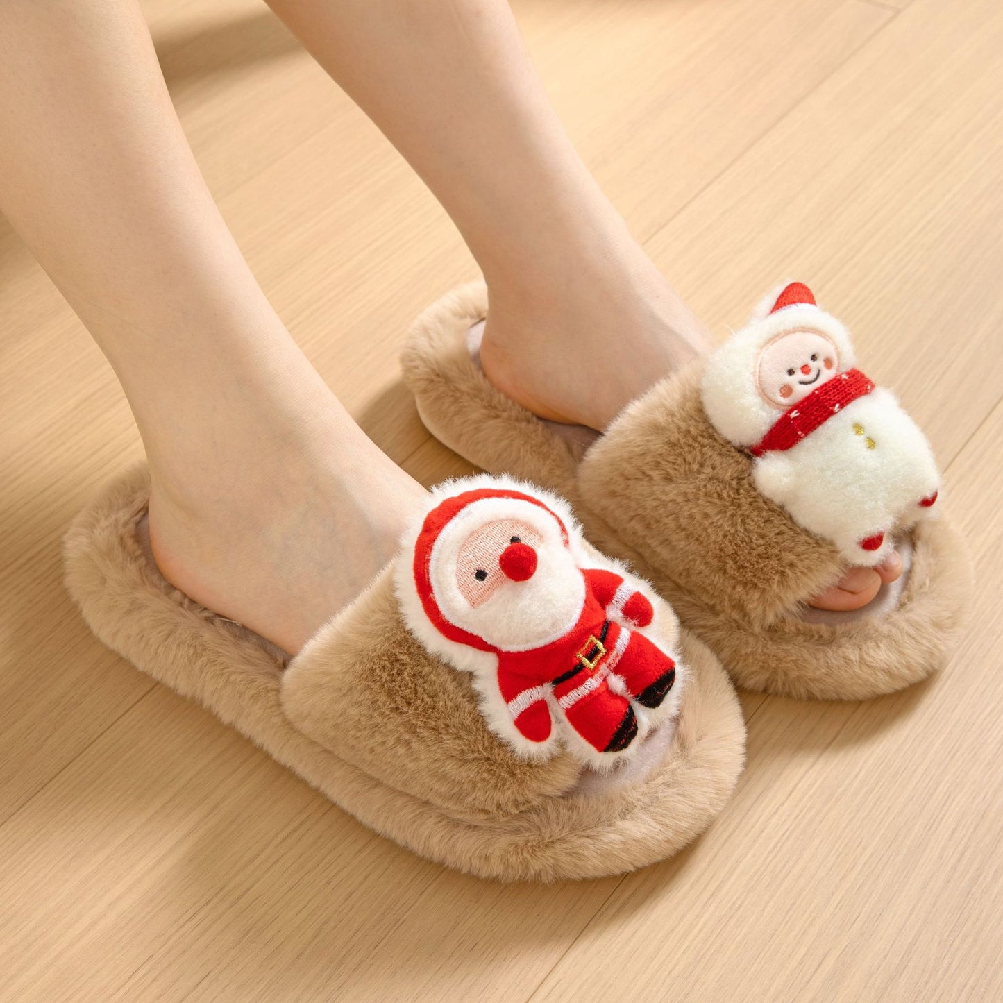 Christmas Shoes Ins Santa Claus Open-toe Cotton Slippers Winter Home Indoor Floor Plush Warm Furry Slippers Women - AFFORDABLE MARKET