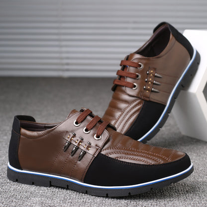 Men's Leather Shoes Korean Casual Leather Shoes First Layer Cowhide Three-color Lace Round Head Hollow Dress Youth Shoes - AFFORDABLE MARKET
