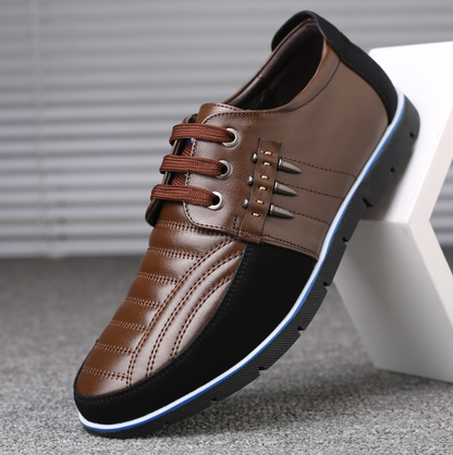 Men's Leather Shoes Korean Casual Leather Shoes First Layer Cowhide Three-color Lace Round Head Hollow Dress Youth Shoes - AFFORDABLE MARKET