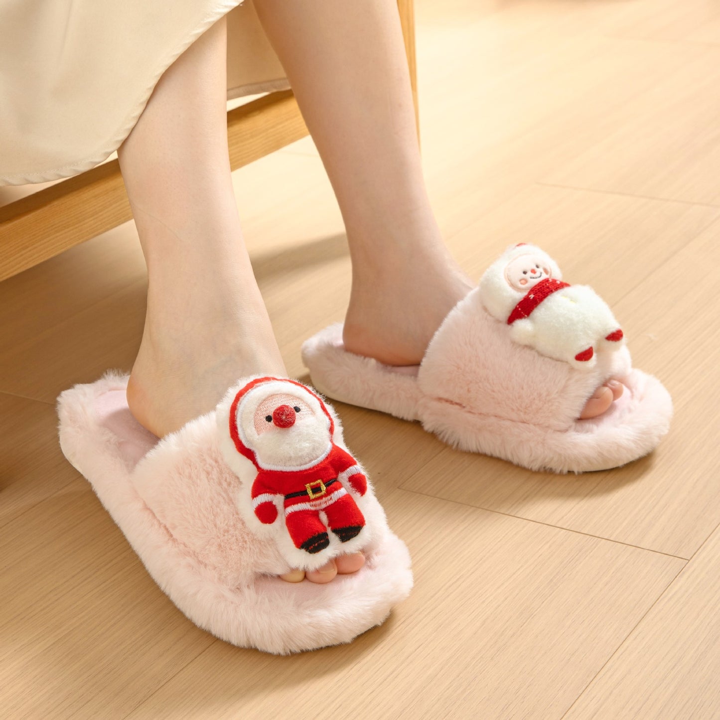 Christmas Shoes Ins Santa Claus Open-toe Cotton Slippers Winter Home Indoor Floor Plush Warm Furry Slippers Women - AFFORDABLE MARKET