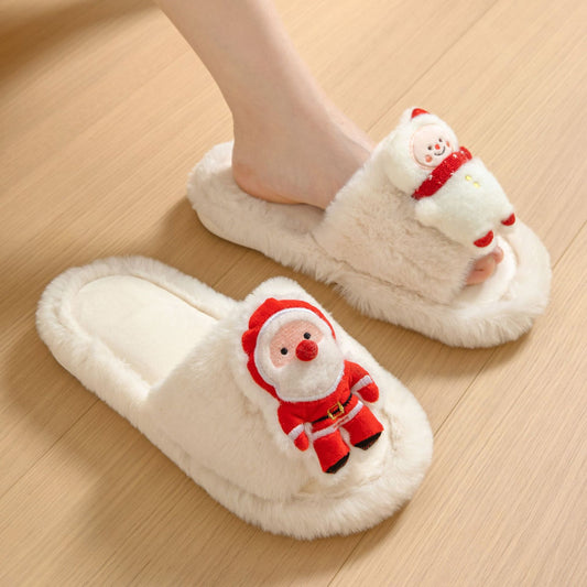 Christmas Shoes Ins Santa Claus Open-toe Cotton Slippers Winter Home Indoor Floor Plush Warm Furry Slippers Women - AFFORDABLE MARKET