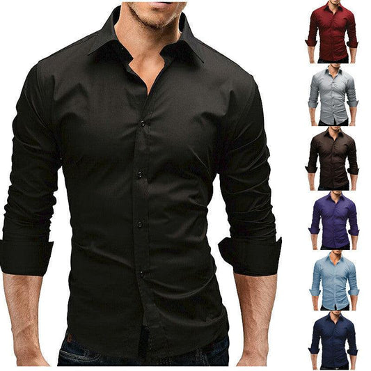 Men's Slim-fit Long-sleeved Solid Color Simple Formal Shirt - AFFORDABLE MARKET