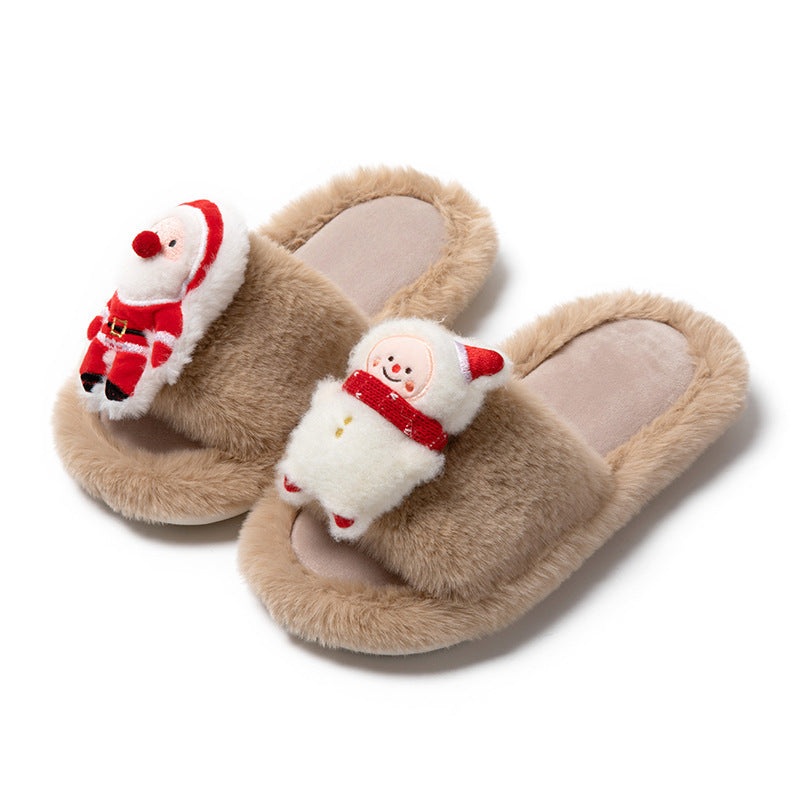 Christmas Shoes Ins Santa Claus Open-toe Cotton Slippers Winter Home Indoor Floor Plush Warm Furry Slippers Women - AFFORDABLE MARKET