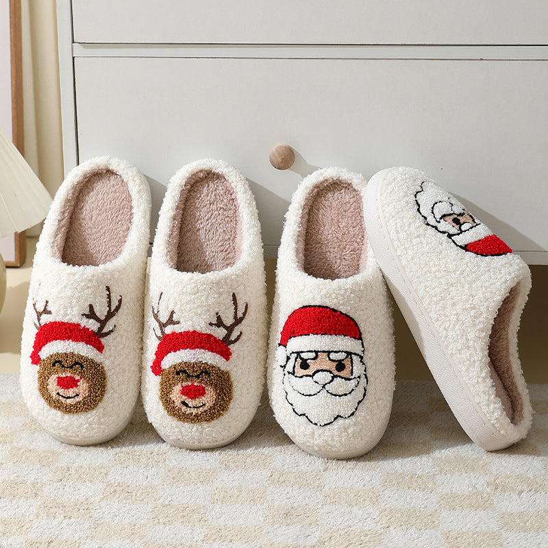 Christmas Home Slippers Cute Cartoon Santa Claus Cotton Slippers For Women And Men Couples Winter Warm Furry Shoes - AFFORDABLE MARKET