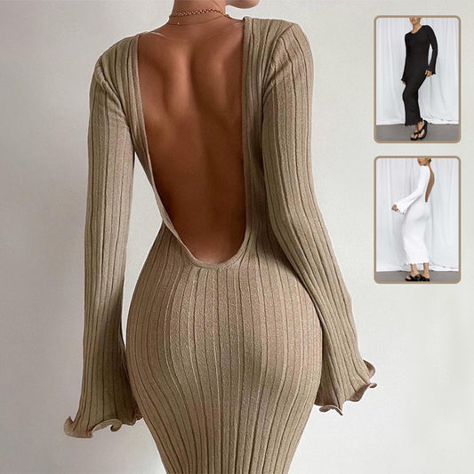 Fashion Slim Long-sleeved Ruffled Long Backless Sexy Dress