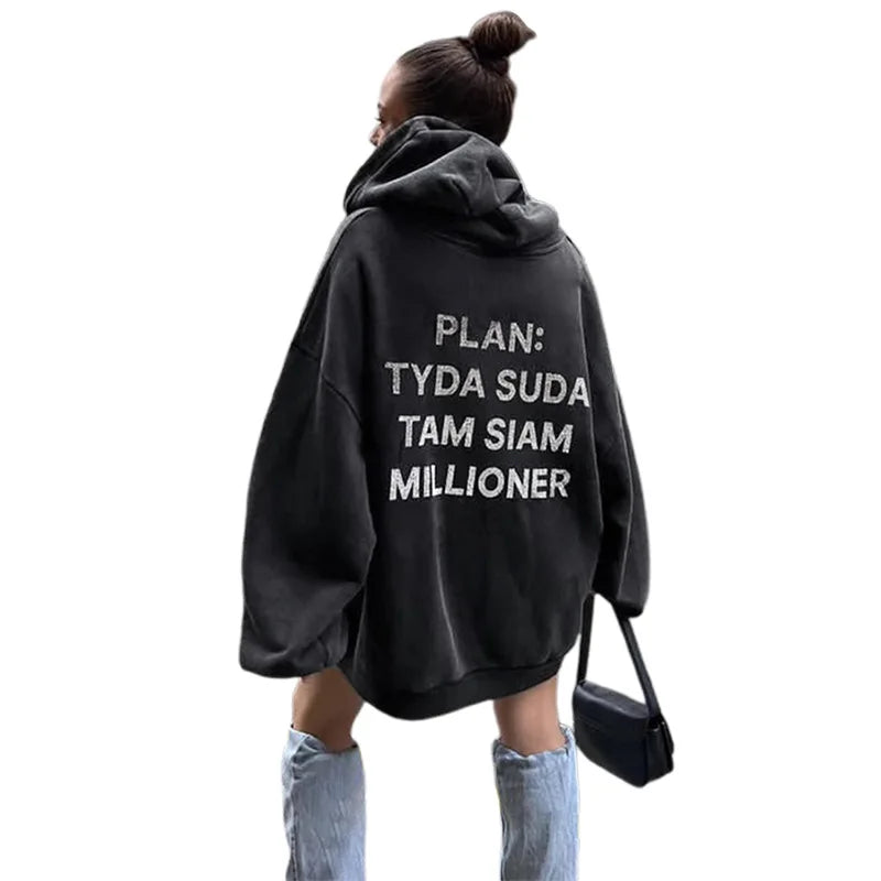 Women's New Autumn Fashion Hooded Letter Hot Diamond Street Trendy Loose Mid length Sweater