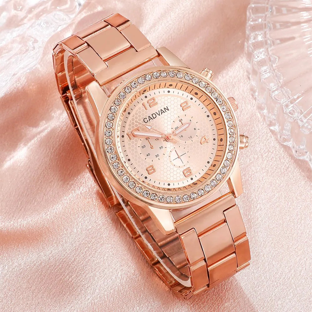Women 6PCS Set Rose Gold Luxury Quartz Watch Rhinestone Fashion Wristwatch Casual Ladies Watches Bracelet Set Clock Montre Femme